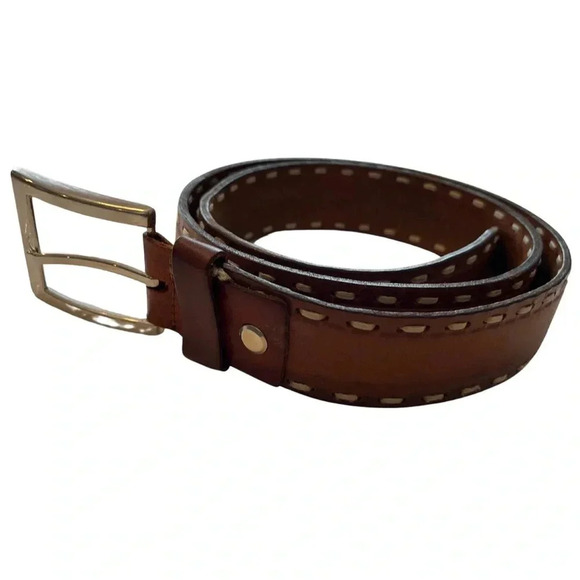 Men’s Brown Leather Belt with  Silver Buckle - Picture 2 of 7